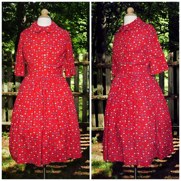 VTG 60's Girls Holiday Red Cotton School Church Dress 12/14 Hats on Stands Print